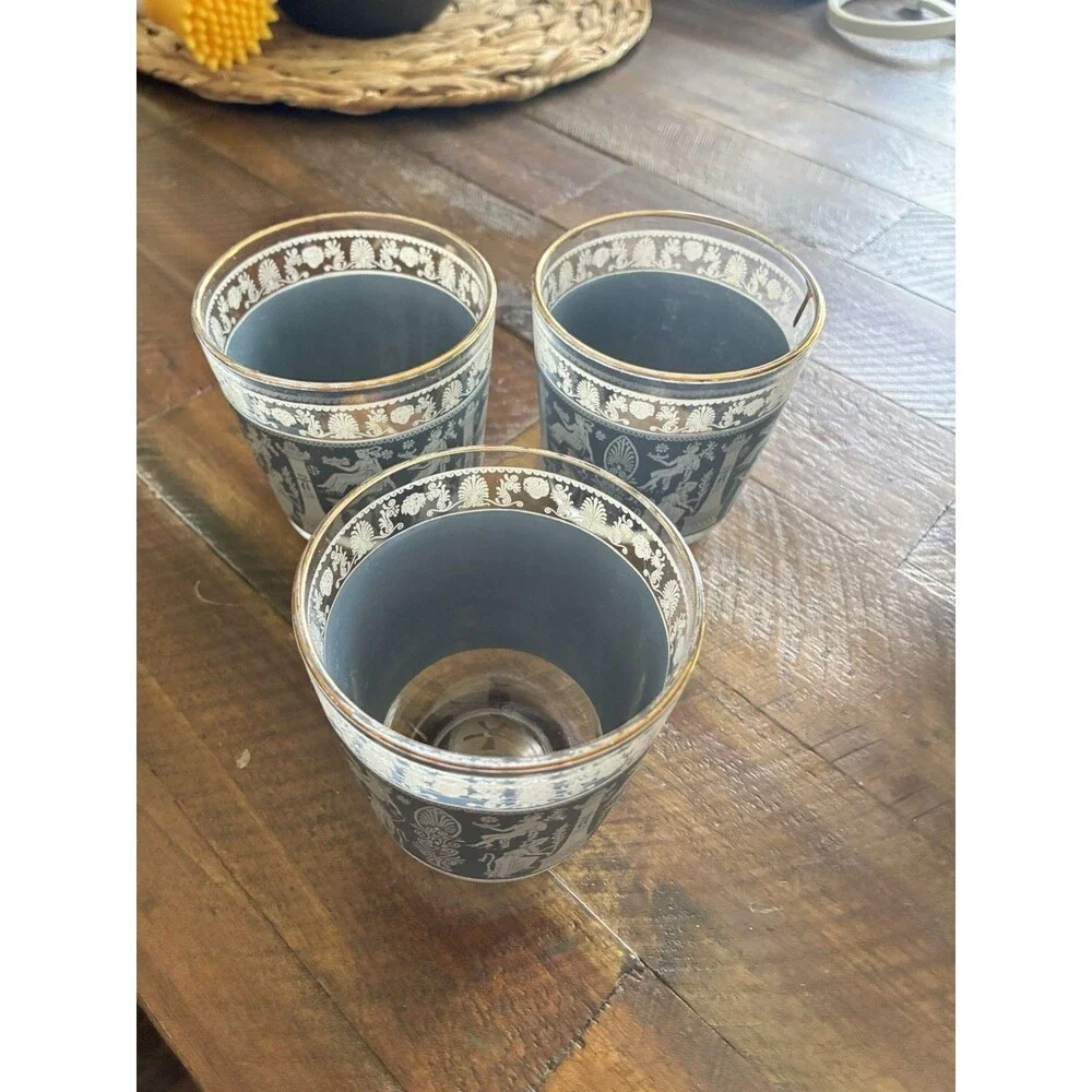 Vintage Greek Key Ice Bucket & 6 Rocks Glasses Grecian Gods MCM Barware Set